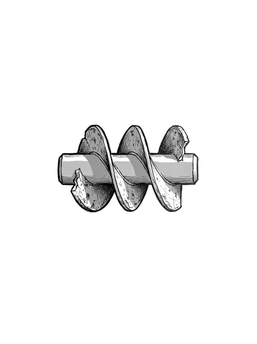 Ink drawing. One SHORT section of steel auger flighting lying by itself at a slight angle, no more than two and a half turns of the helix: a continuous helical ribbo.