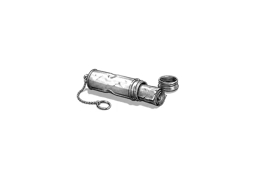 Ink drawing. A small brass message tube lying on its side by itself, about four inches long.