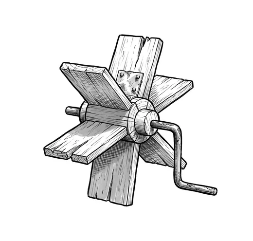 Ink drawing. A small wooden paddle wheel on a short axle, standing by itself: six flat blades let into a turned hub.