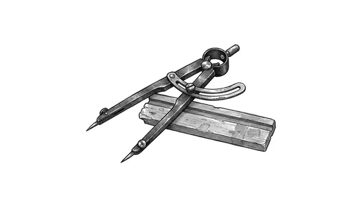 Ink drawing. A pair of steel dividers lying open across a short wooden straightedge, the two of them by themselves: the legs spread about six inches.