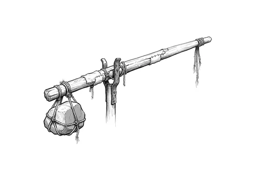 Ink drawing. A counterweighted gate boom by itself, raised at an angle: a long tapering pole pivoted in a forked iron bracket.