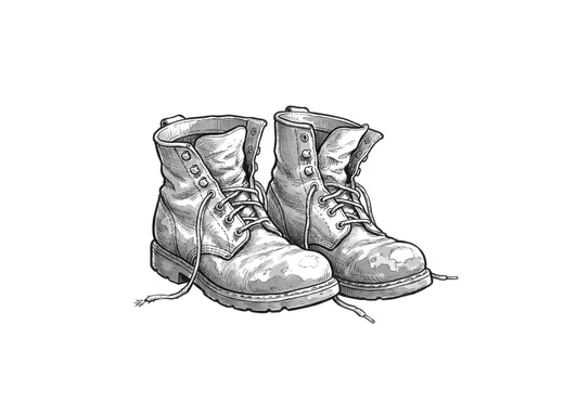 Ink drawing. One pair of heavy work boots set down side by side by themselves, toes together and the tops slumped over: the leather dark and swollen up to the welt.