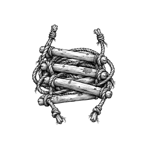 A coiled rope ladder with rough wooden rungs and frayed rope ends.
