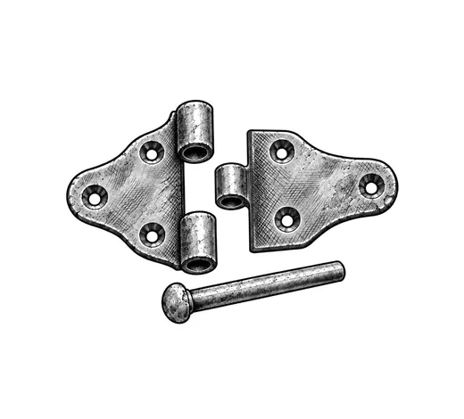 An old iron gate hinge with its removed pin beside it.