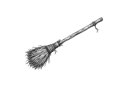 A long-handled broom with bound coarse bristles and a worn wooden handle.