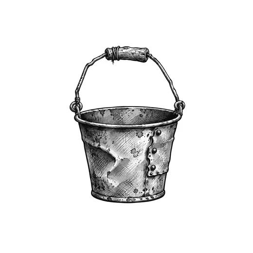 A dented metal bucket with its wire handle raised.