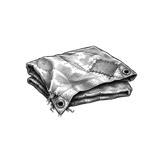A folded and patched tarpaulin with reinforced corner eyelets.