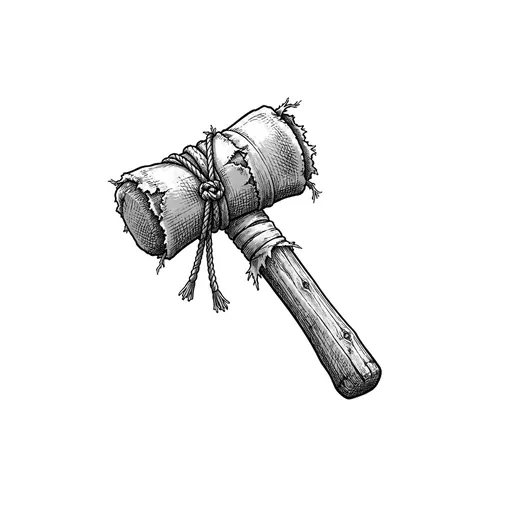A wooden-handled bell hammer with its head wrapped in cloth.