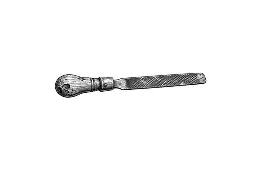 A flat metal file with diagonal teeth and a worn wooden handle.