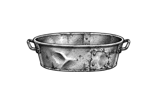 An empty oval tin bath with dents, a patched seam and two handles.