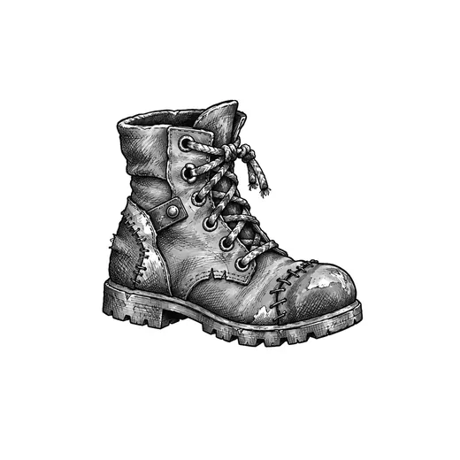 A worn lace-up boot with repaired leather and a thick sole.