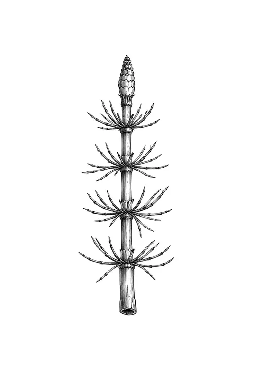 A horsetail stem with jointed sections and delicate whorls of branches.