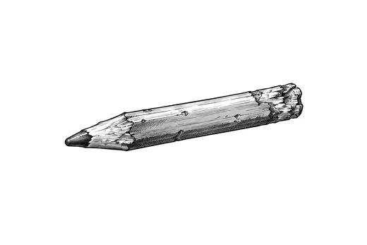 A short worn wooden pencil with a blunt graphite point.