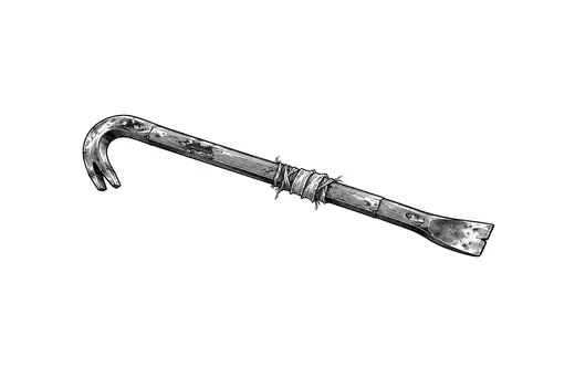 A long iron crowbar with a curved claw and a flat chisel end.