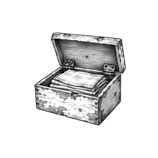 An open wooden care box holding neatly folded cloth squares.