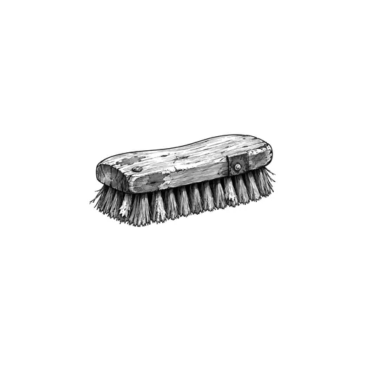 A hand-sized wooden scrubbing brush with stiff bristles.