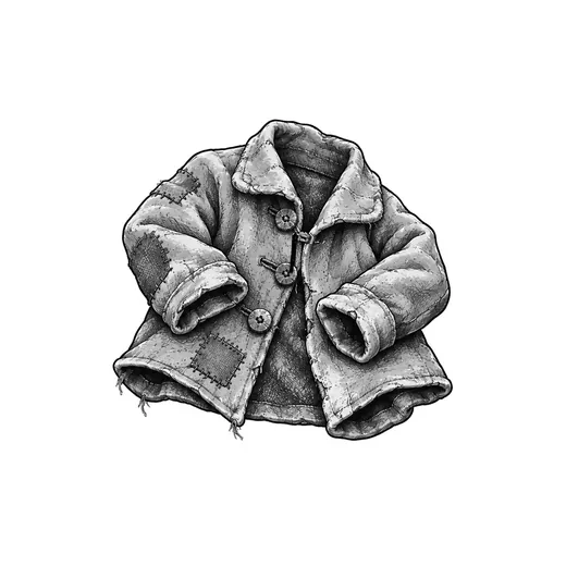 A small patched coat with its sleeves folded inward.