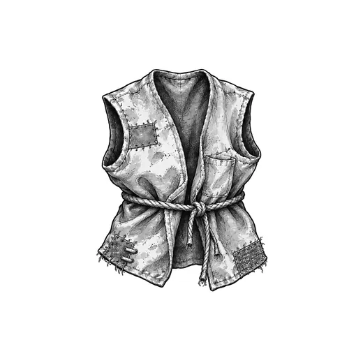 An oversized patched work vest cinched with a rope belt.