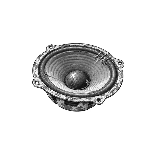 A salvaged loudspeaker cone in a shallow metal mounting basket.