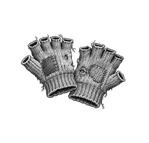 A pair of darned knitted fingerless mittens.