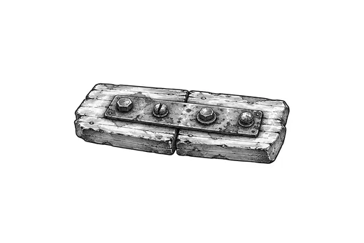 Two worn tabletop sections joined by a bolted steel strap.