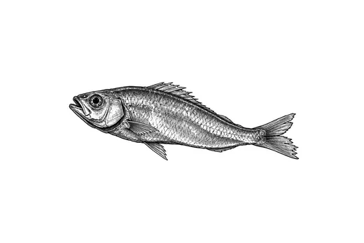 A small whole dried fish with its head, fins and tail intact.