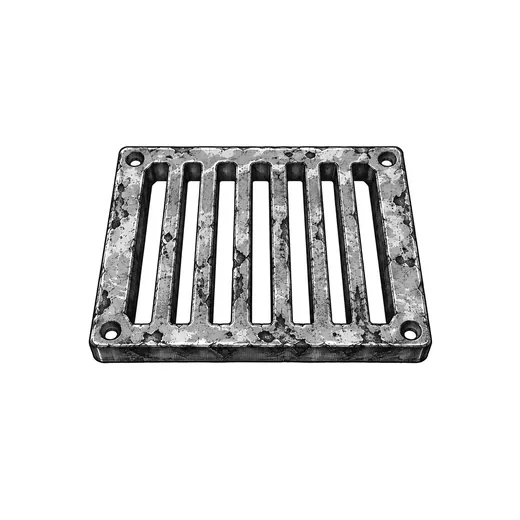 A rectangular iron drain grate with worn parallel bars.