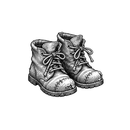 A pair of worn lace-up boots with scuffed toes and repaired stitching.