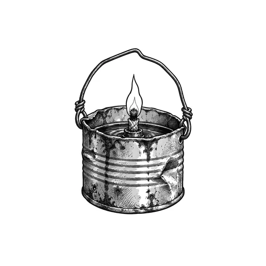 A small fat-lamp made from a dented tin with a wire bail.