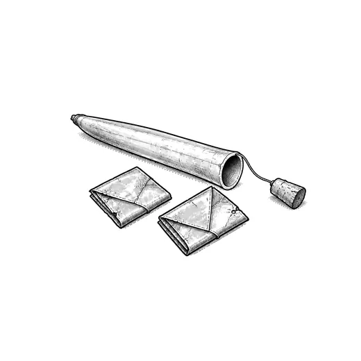 A quill message tube beside two folded oilcloth notes.