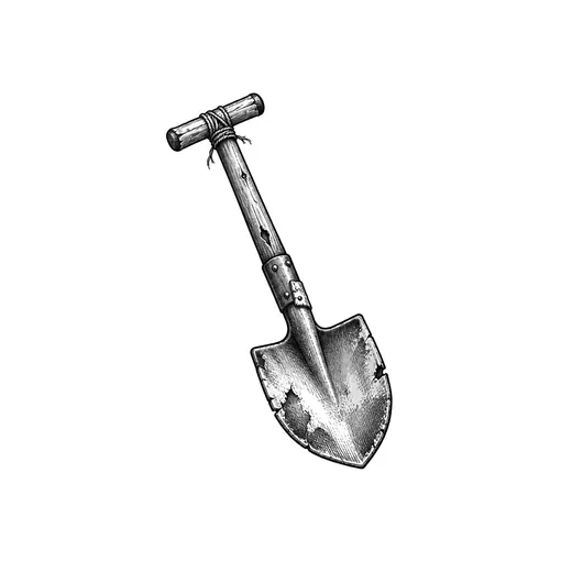 A worn digging shovel with a wooden shaft.