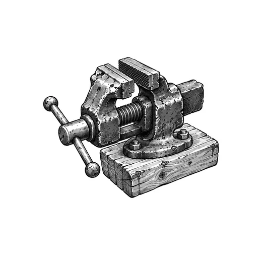 An old bench vise bolted to a short wooden offcut.