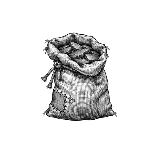A patched grain sack filled with shale.