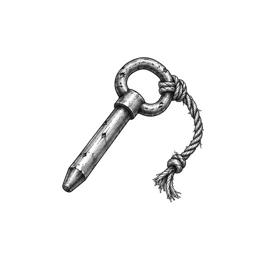A worn latch pin with a short safety cord.