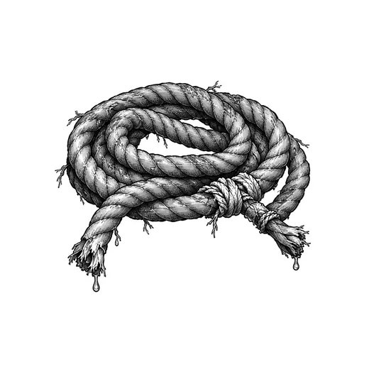 An irregular coil of wet rope with frayed fibres.