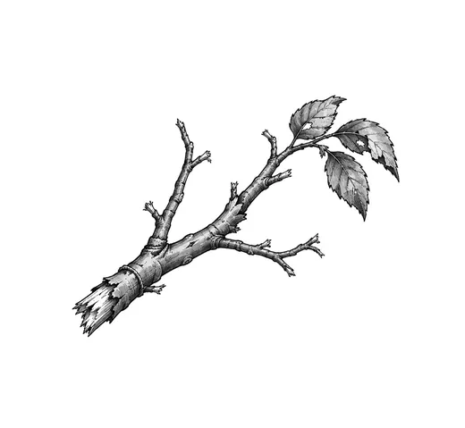 A short branch with stripped twigs and a few remaining leaves.