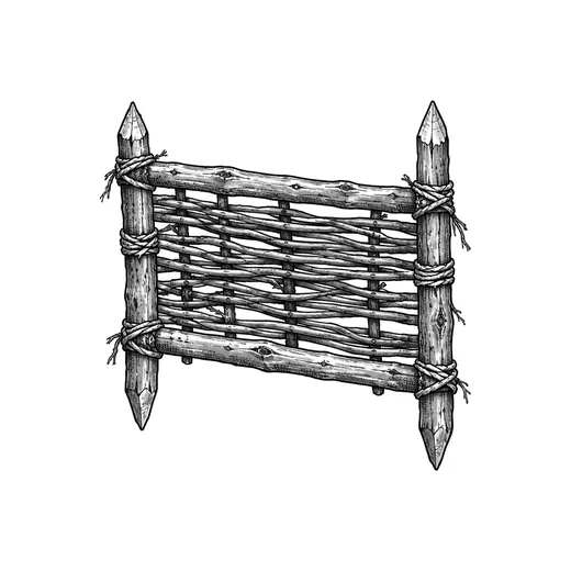 A portable livestock hurdle made from rough timber and woven branches.