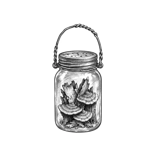 A pierced-lid foxfire jar containing bark and shelf fungi.