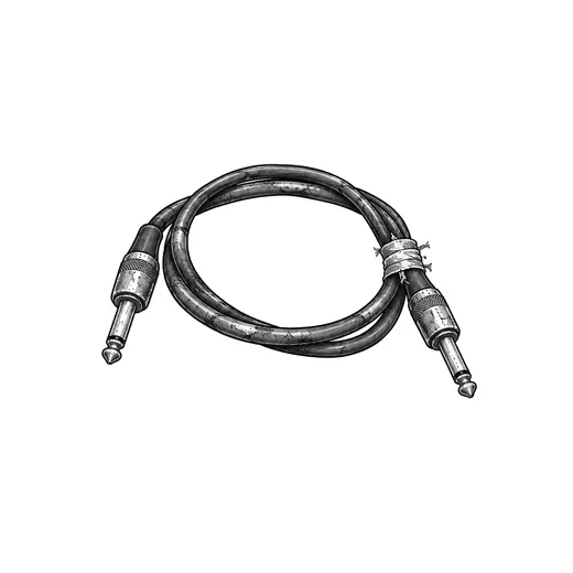 A coiled audio patch cord with two worn jack plugs.