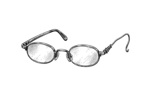 Oval spectacles with one temple arm repaired using wire.