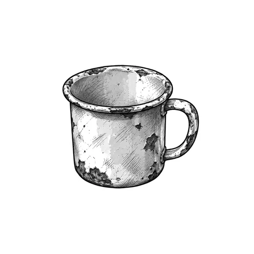 An empty chipped enamel mug with a loop handle.