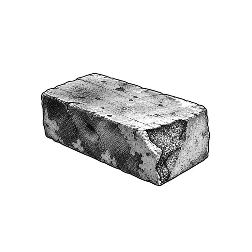 A chipped kiln brick with worn mortar and a rough broken corner.