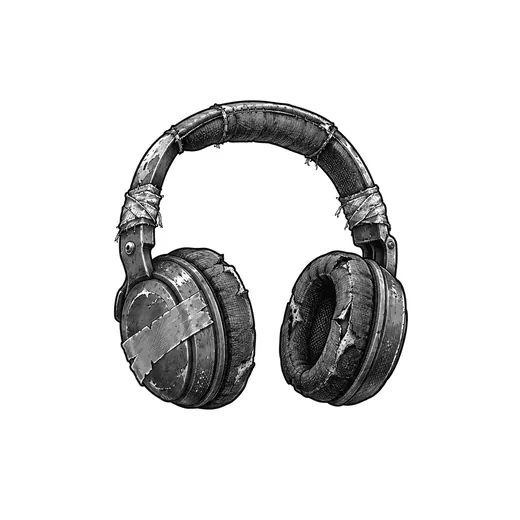 Old over-ear headphones with a taped ear cup and worn pads.