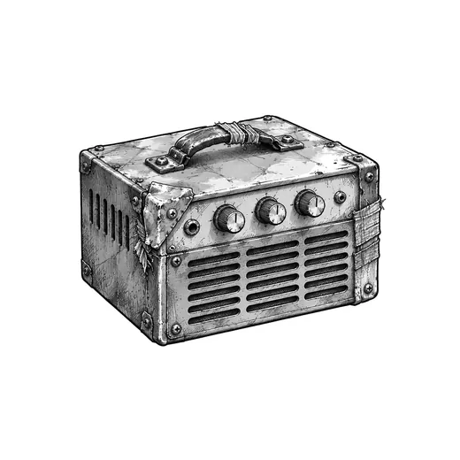 A worn metal amplifier case with vents and plain control knobs.