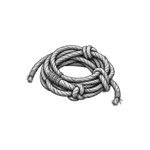 A coil of knotted climbing rope with a whipped splice.