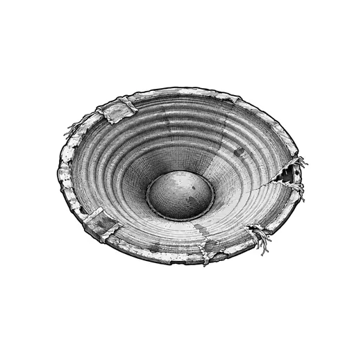 A detached paper loudspeaker cone with a frayed rim.
