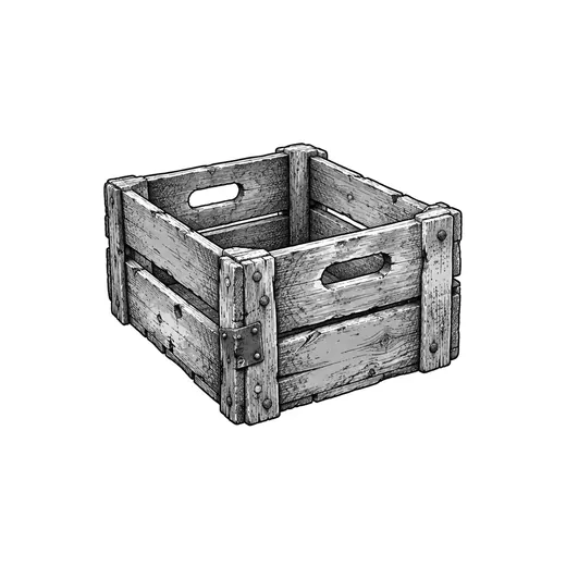 An empty wooden milk crate with slatted sides.