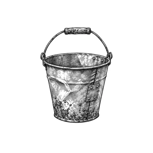 A battered metal bucket with its wire handle raised.