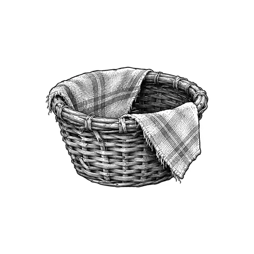 A woven basket loosely covered by a worn dishcloth.