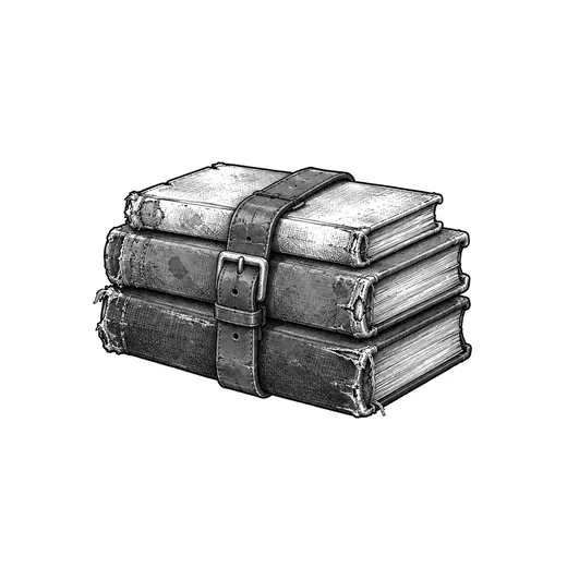 Three worn books of different thicknesses fastened with a leather strap.